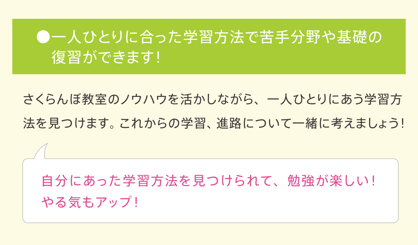 ●一人ひとりに合った学習方法で苦手分野や基礎の復習ができます!